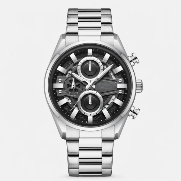 Relógio multifunções masculino com pulseira metálica e mostrador detalhado