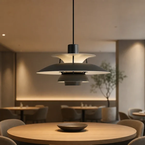 Lustre pendente multicamadas em ambiente de restaurante