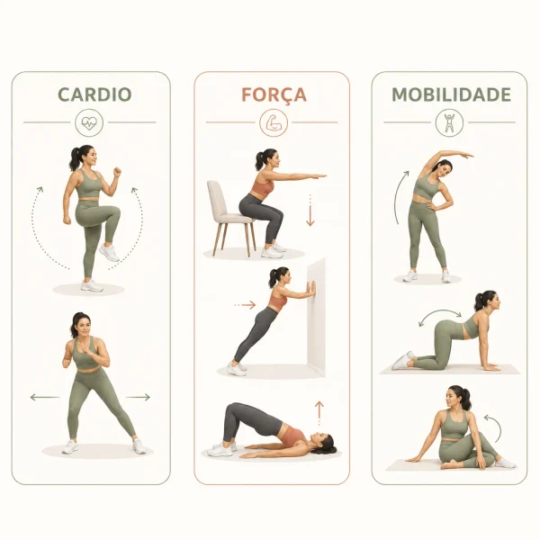 Exemplos de exercícios em casa para força, cardio e mobilidade
