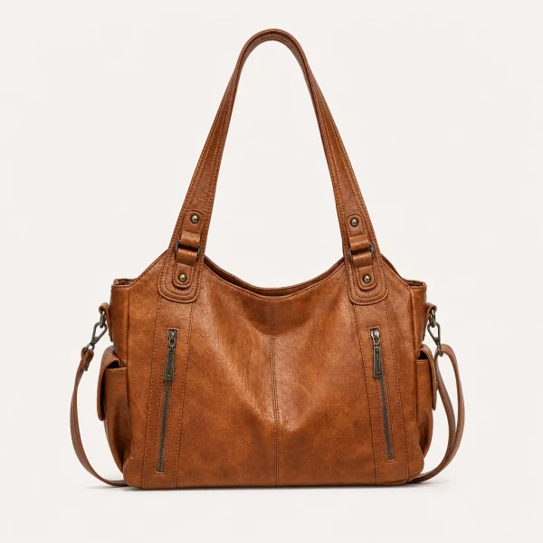 Bolsa grande feminina marrom com alças superiores e zíperes frontais
